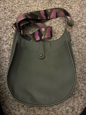 Olive Green Shoulder Bag with‎ Pink Accent Strap
